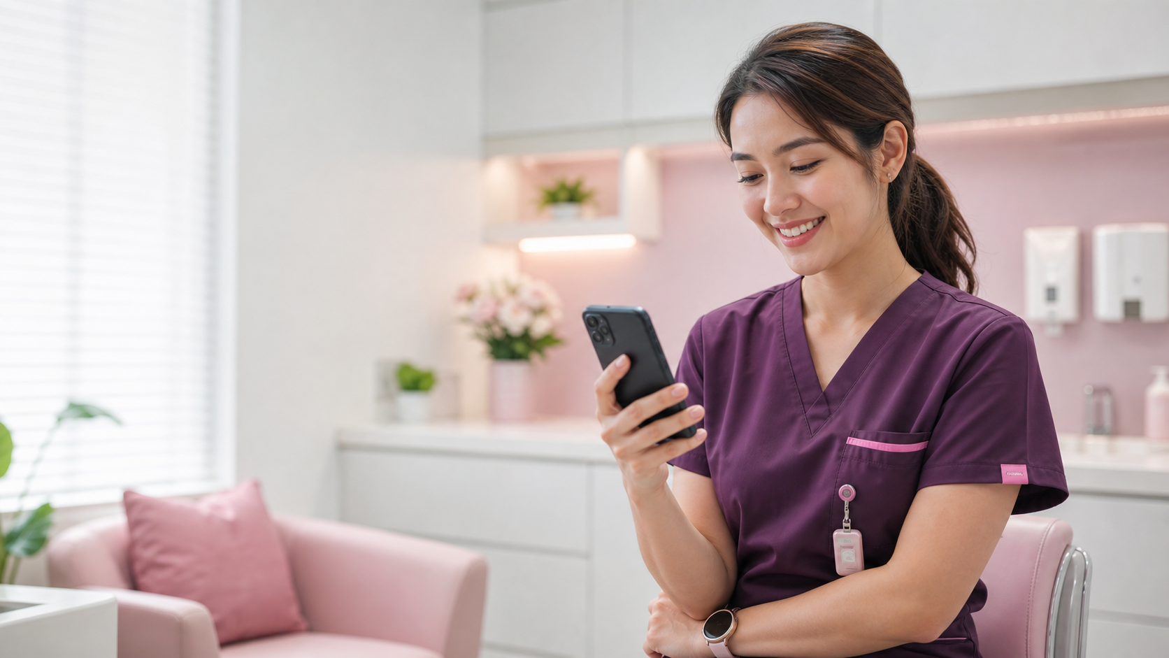 Dental practitioner using a mobile phone in a warm clinical setting